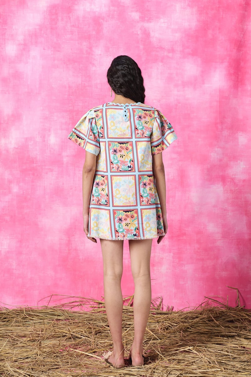 Multicolor Printed Denim Mini Shift Dress