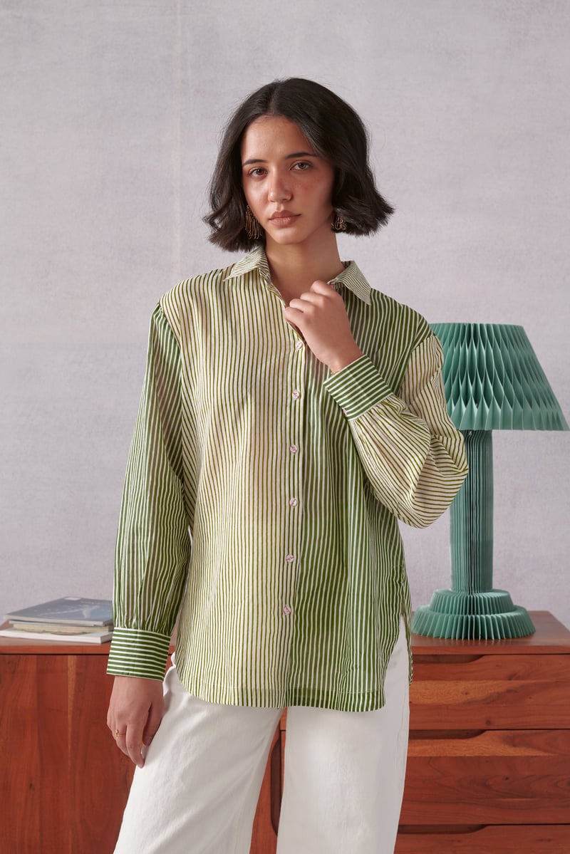 Green Striped Relaxed-Fit Cotton Button-Down Shirt