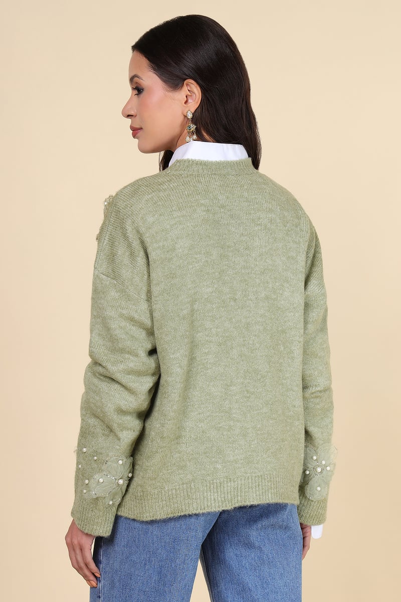 Green Floral Applique Embellished Pullover Sweater