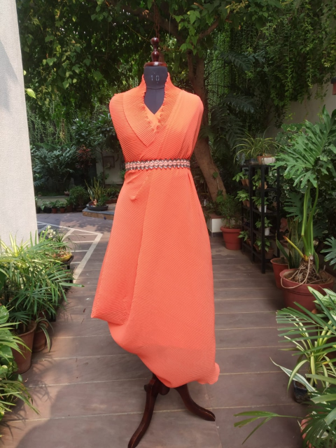 Blue Pleated Maxi Gown with Embroidered Waist Belt