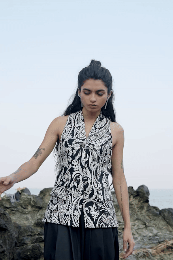 Black and White Embroidered V-Neck Waistcoat