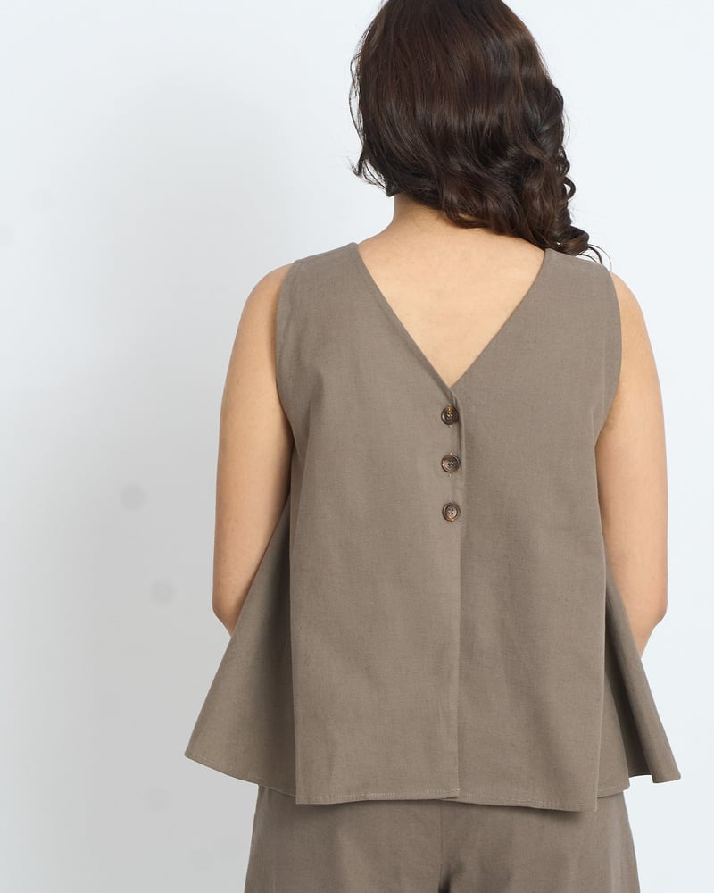 Taupe Sleeveless A-Line Cotton Top with Back Buttons