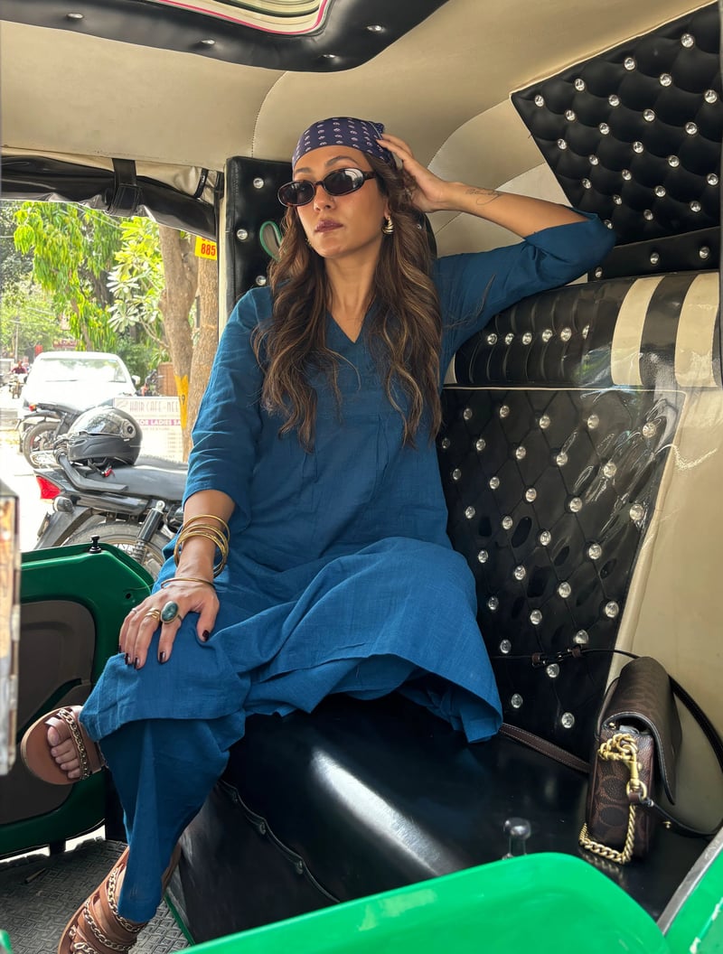 Classic Blue Slub Overlap Pleat Kurta Pant Set
