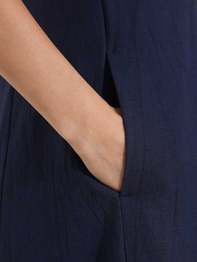 Denim Blue Linen-Blend Colorblock A-Line Maxi Dress