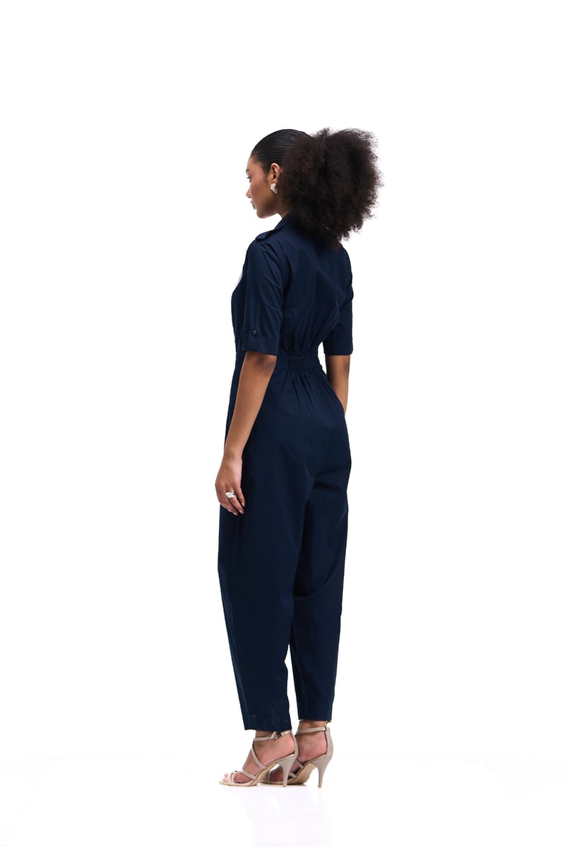 Navy Cotton Satin Tailored Jumpsuit with Heart Applique