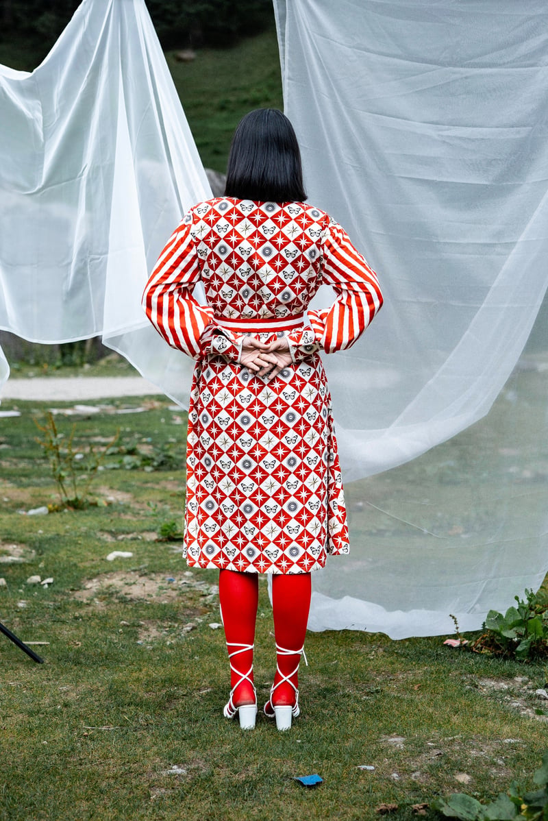 Red and White Printed Midi Shirt Dress with Belt