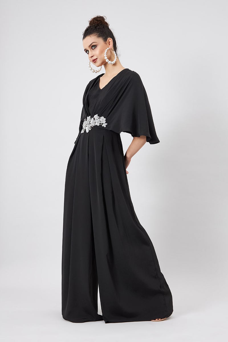 Black Silk Crepe Cape Sleeve Wide-Leg Jumpsuit