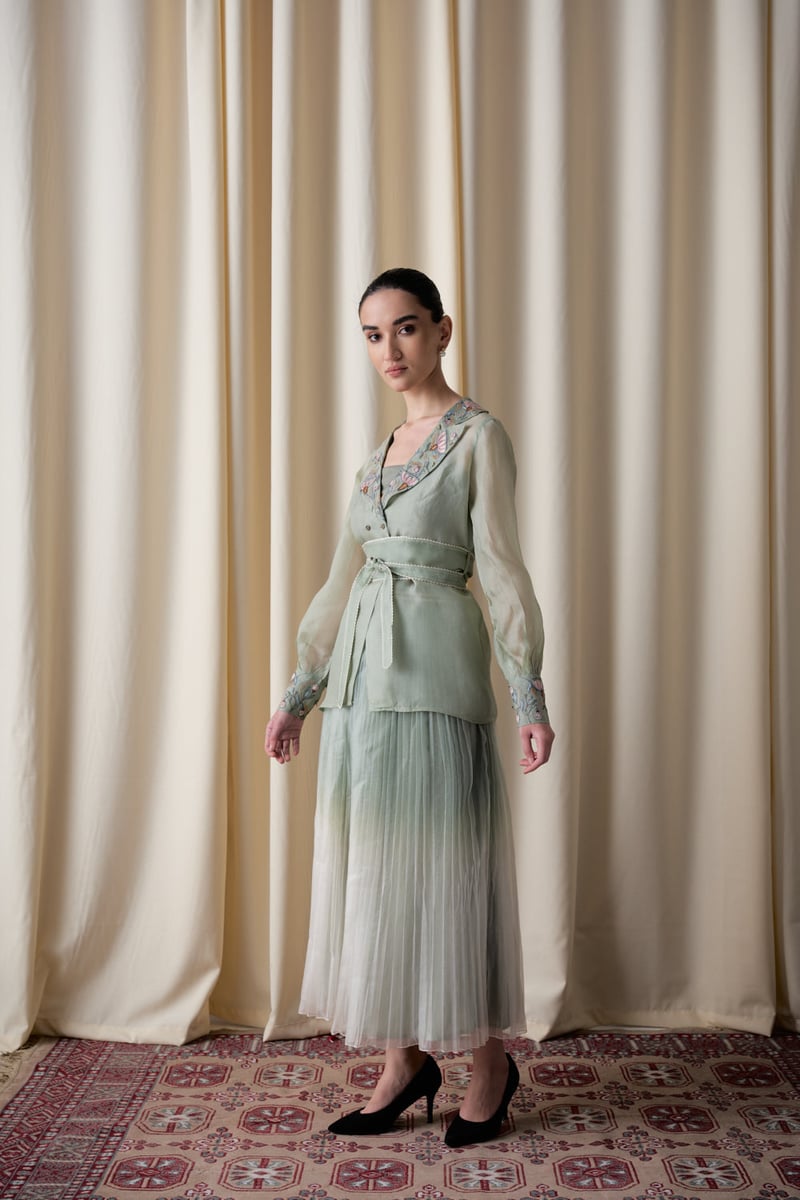 Green Organza Jacket, Bustier and Pleated Midi Skirt Co-ord Set