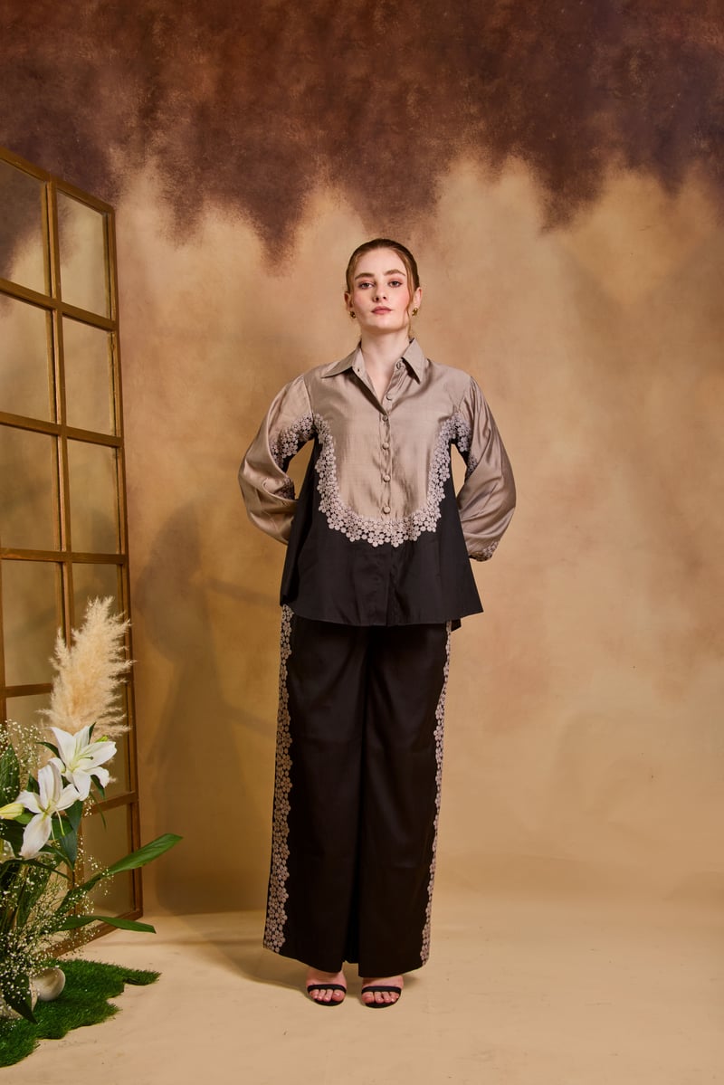 Black and Copper Embroidered Shirt and Trouser Co-ord Set