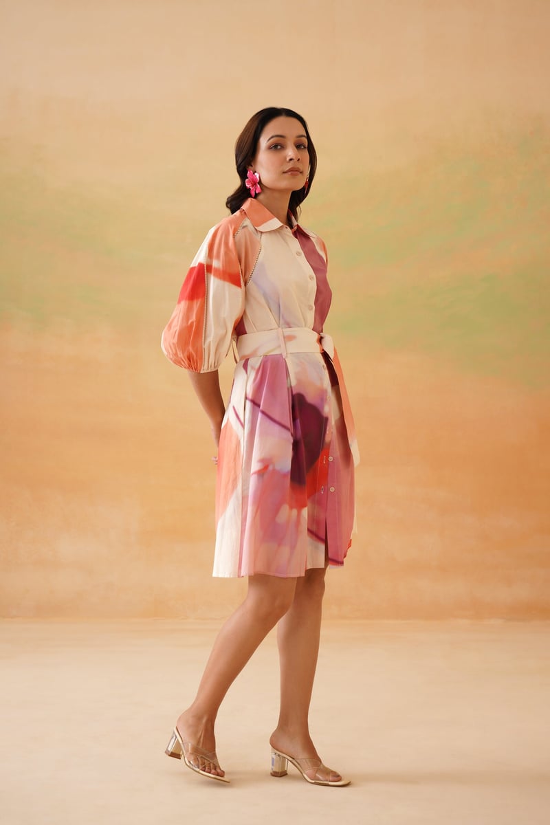 Beige Abstract Printed Mini Shirt Dress with Belt