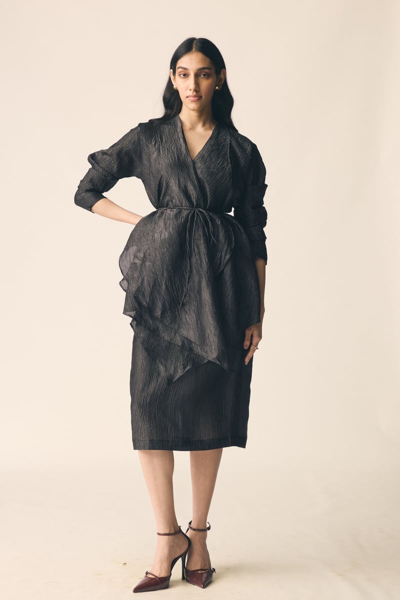 Black Crinkled Organza Wrap Top and Midi Skirt Co-ord Set