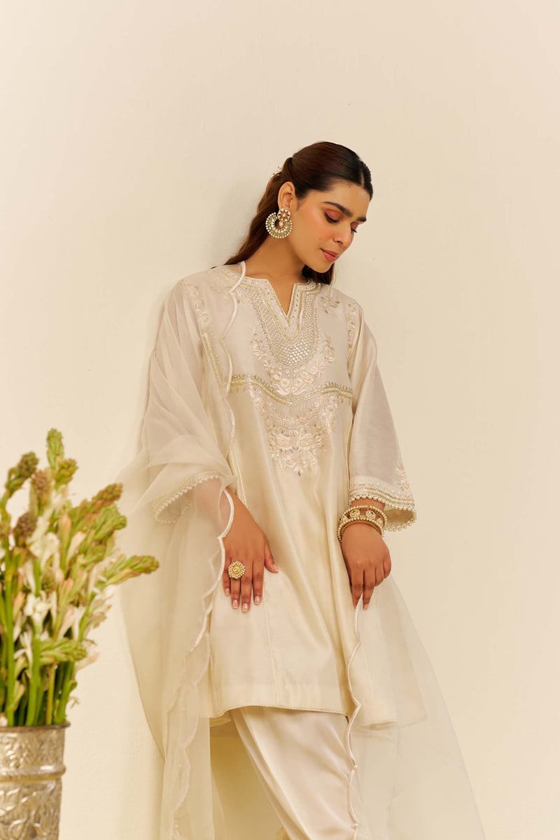 Daisy Ivory Embroidered Short Kurta and Salwar Set