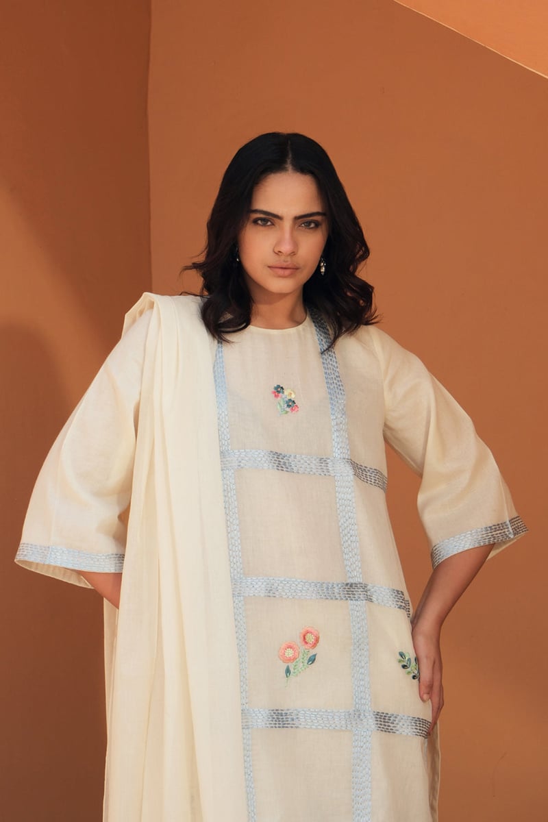 Off-White Mul Mul Kurta Set with Blue Grid Embroidery