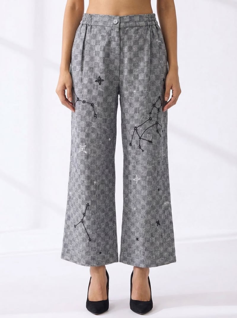 Adjustable-Waist Pleated Hand Embroidered Wide-Leg Trouser — Subtle Shuttle Studio
