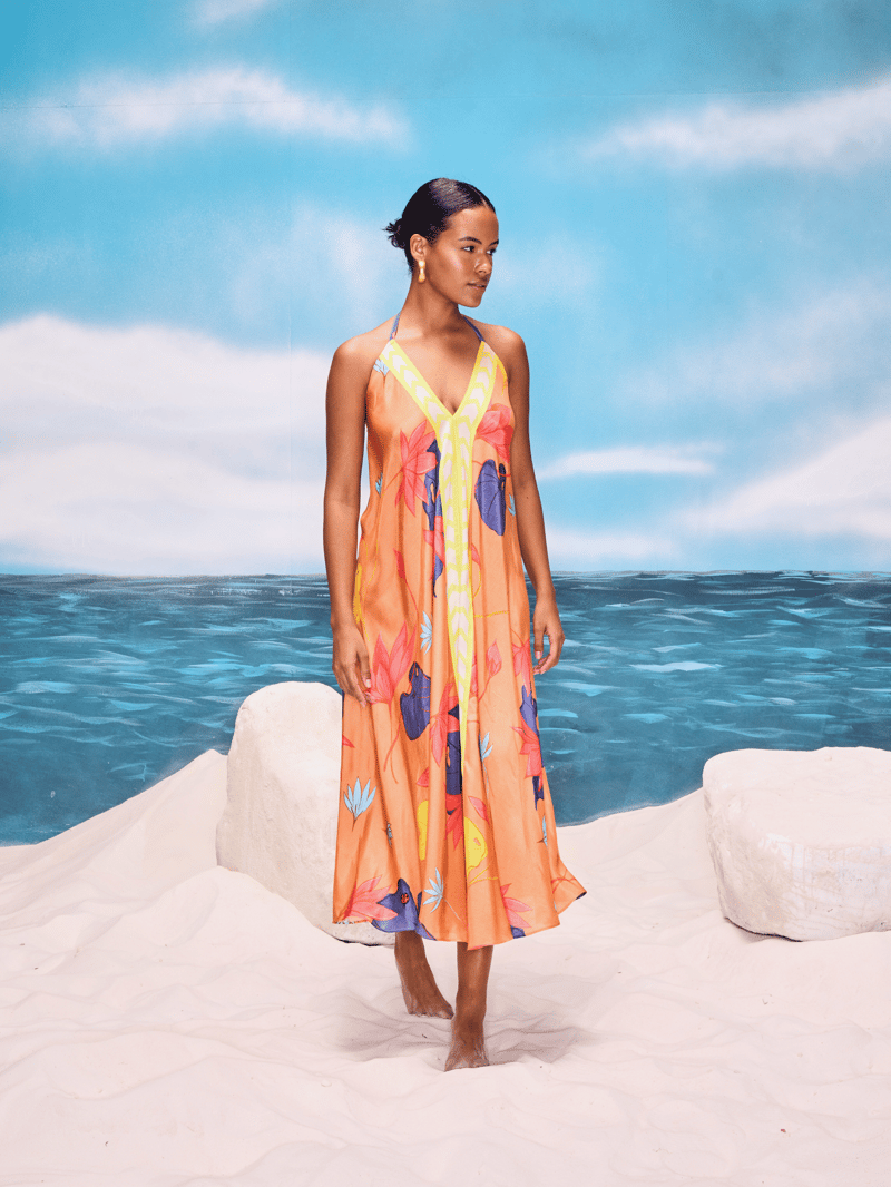 Peach Floral Halter Maxi Dress with Contrast Border