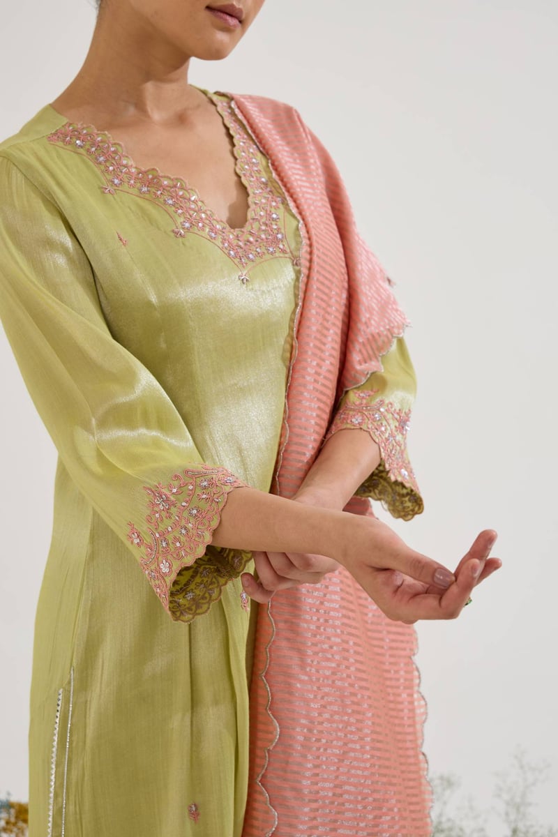 Lime Tissue Embroidered Kurta Set with Wide-Leg Pants