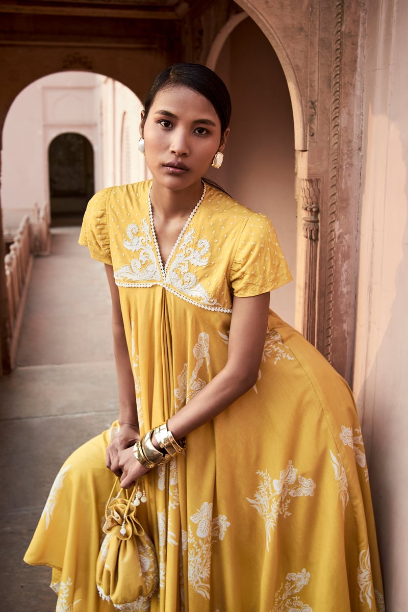 Yellow Floral Printed Asymmetrical Kurta Set with Straight Pants