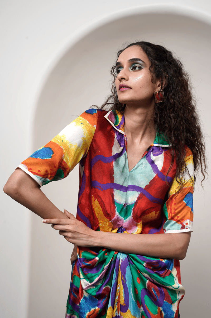 Multicolor Abstract Print Draped Midi Shirt Dress