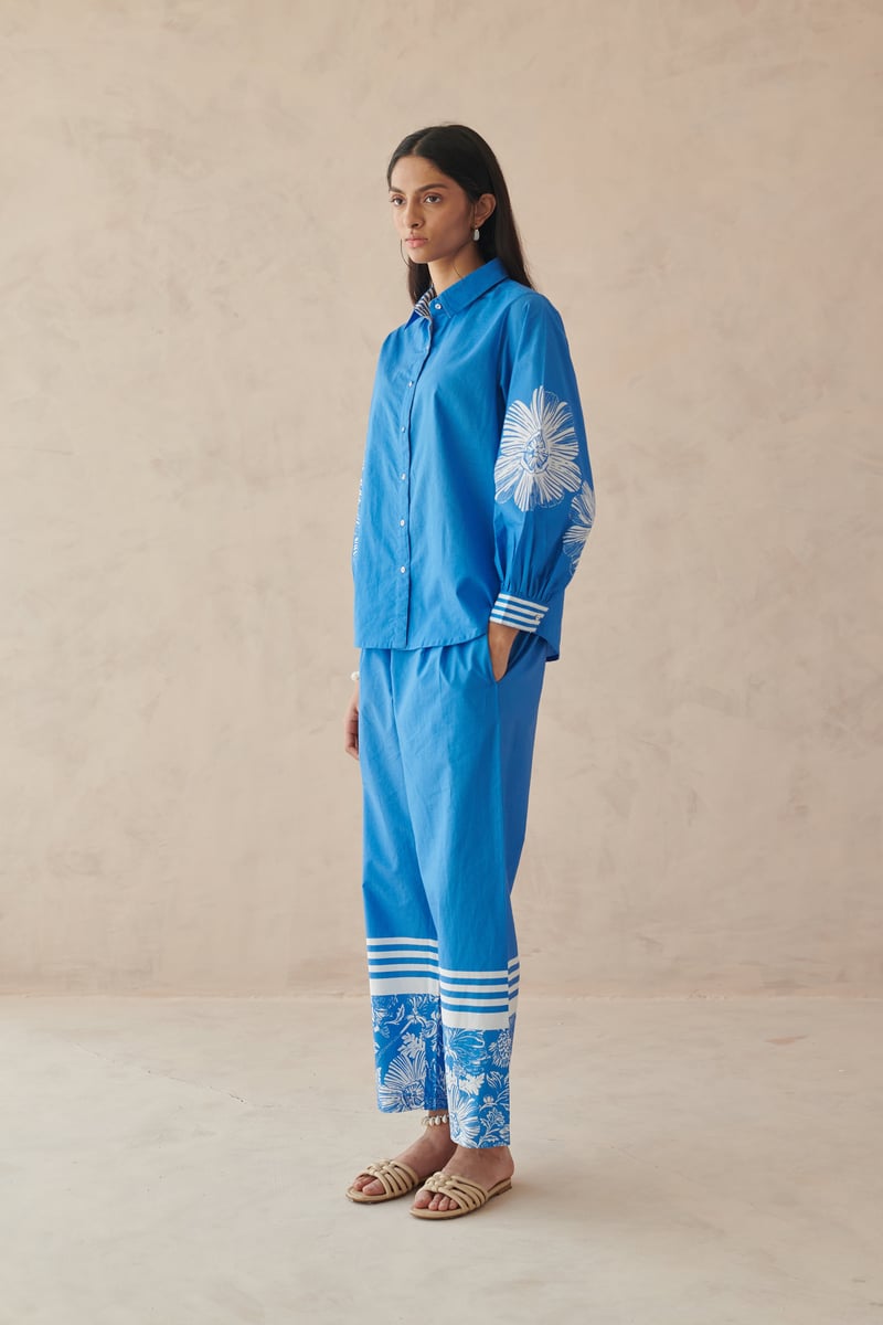 Blue Cotton Straight-Leg Pants with Border Print
