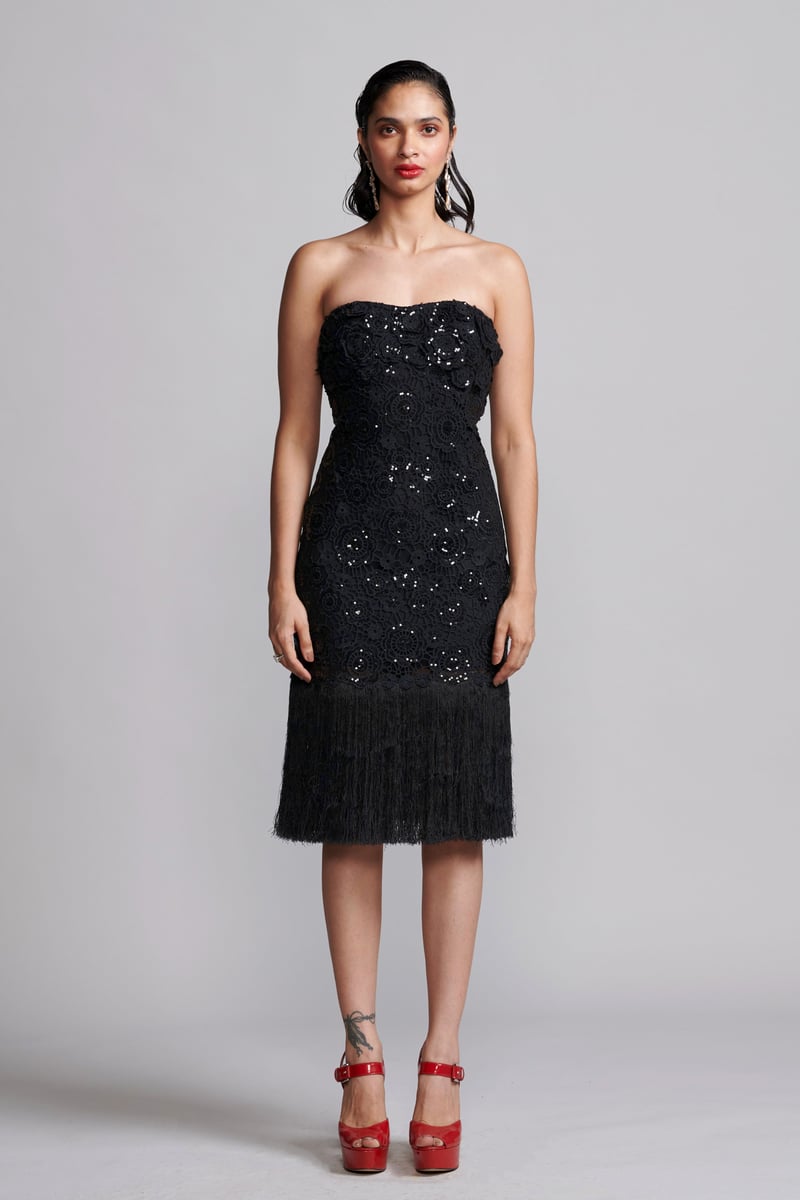 Black Strapless Sequin Lace Fringe Hem Midi Dress