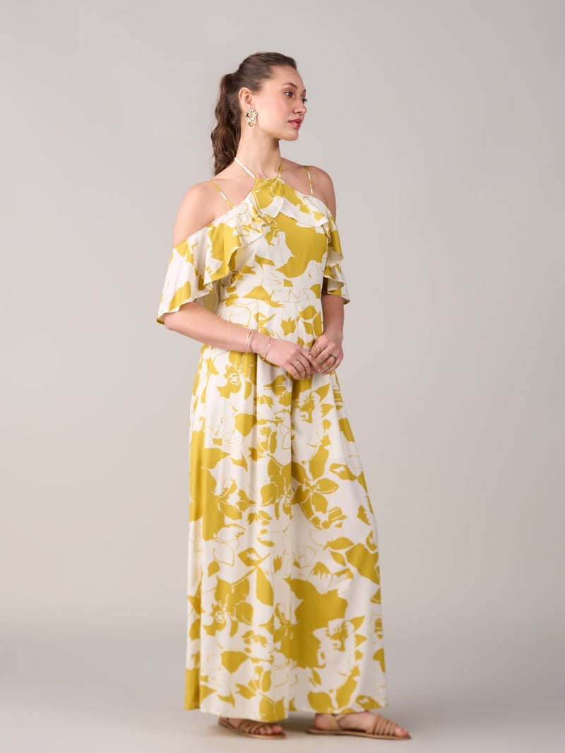 Yellow Floral Halter Neck Cold-Shoulder Wide-Leg Jumpsuit