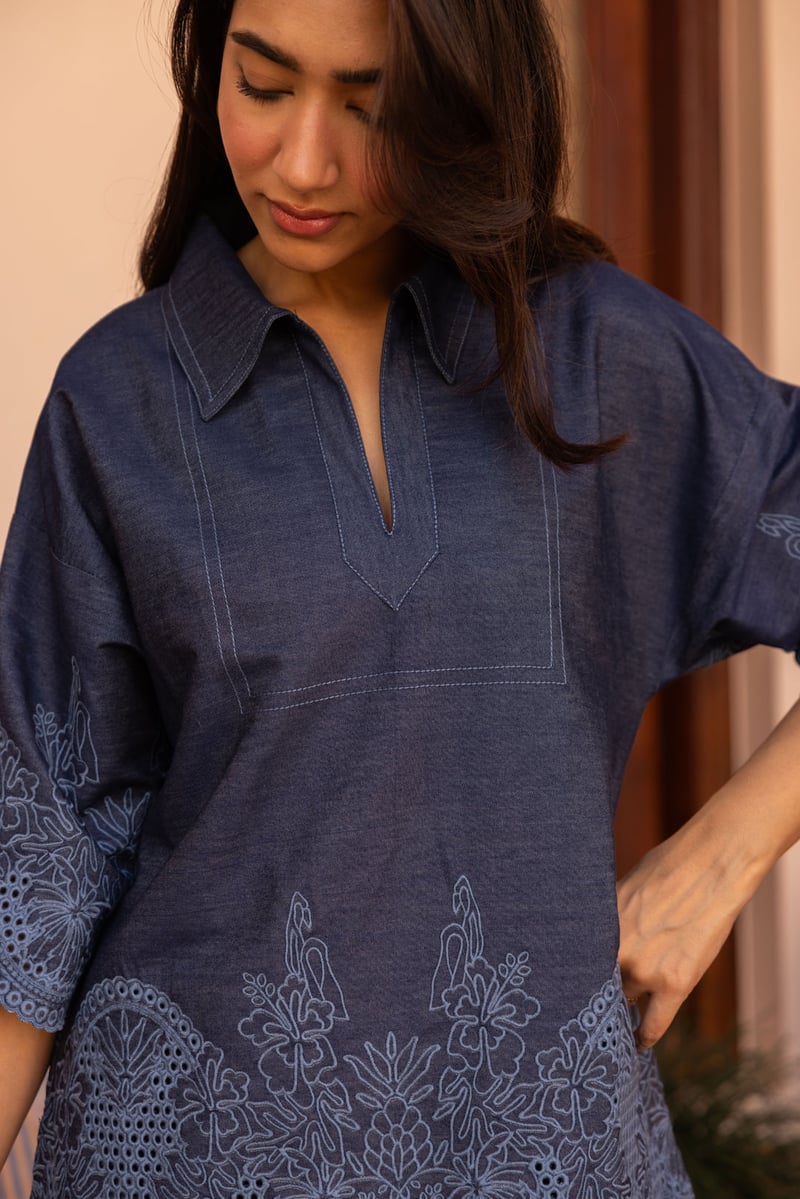 Blue Denim Cutwork Embroidered Co-ord Set