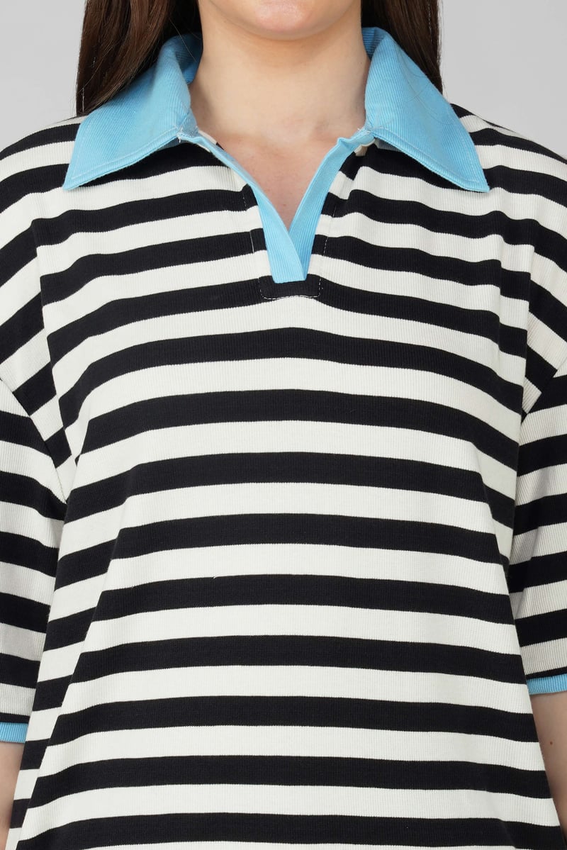 Black and White Striped Oversized Polo T-Shirt with Blue Collar