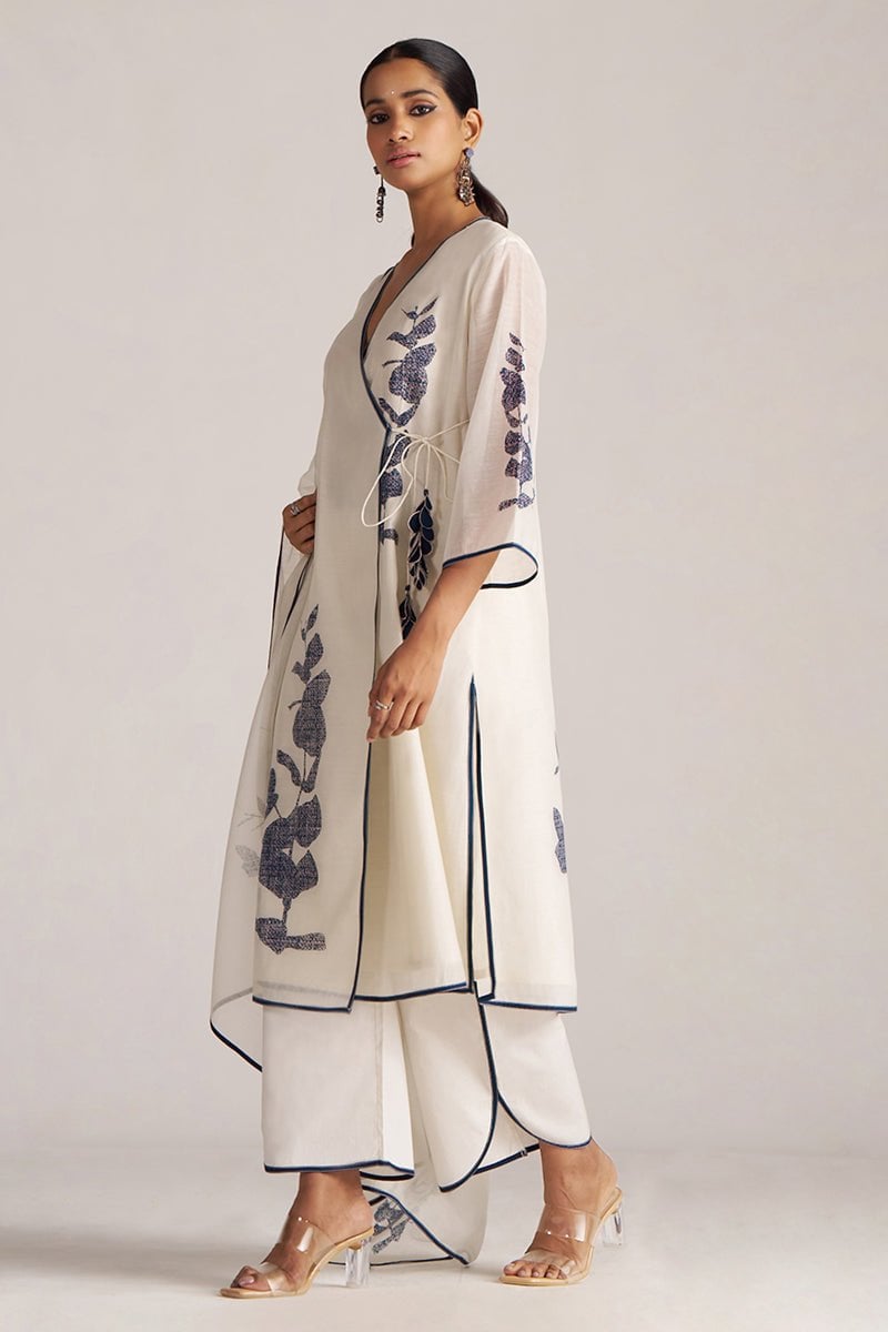 Ivory and Navy Printed Angrakha Chanderi Kurta Set