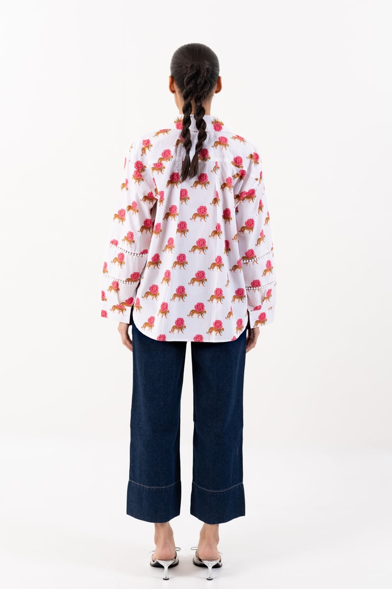 White Oversized Printed Cotton Shirt with Beadwork