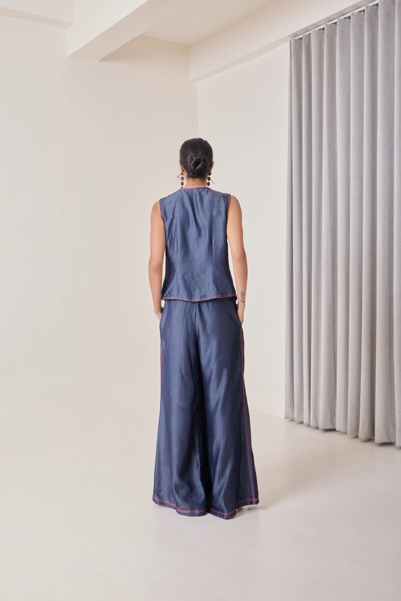 Indigo Tencel Denim Tie-Up Cutwork Vest