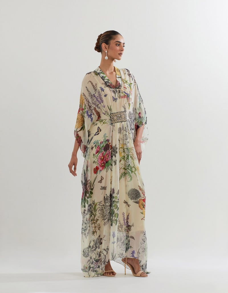 Ivory Botanical Printed Georgette Kaftan