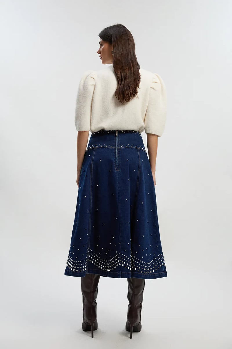 Dark Blue Studded A-Line Midi Skirt with Tie Waist