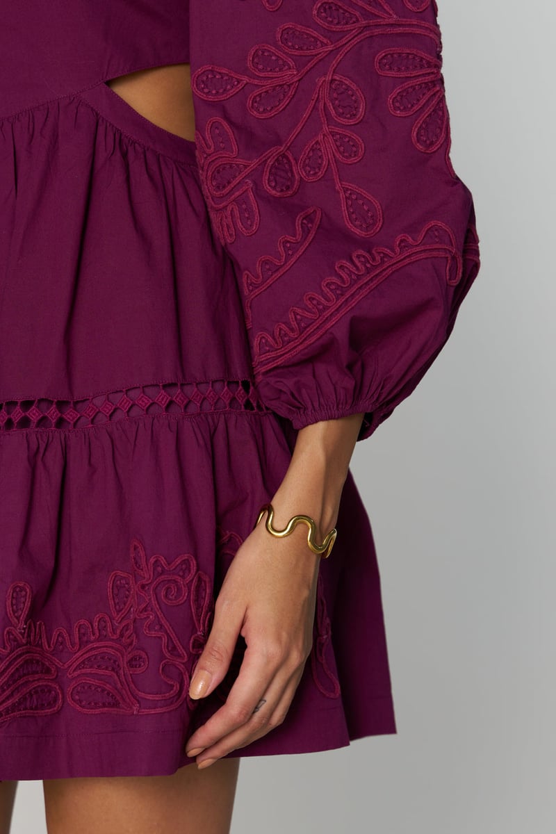 Purple Embroidered Keyhole Neck Tiered Mini Dress