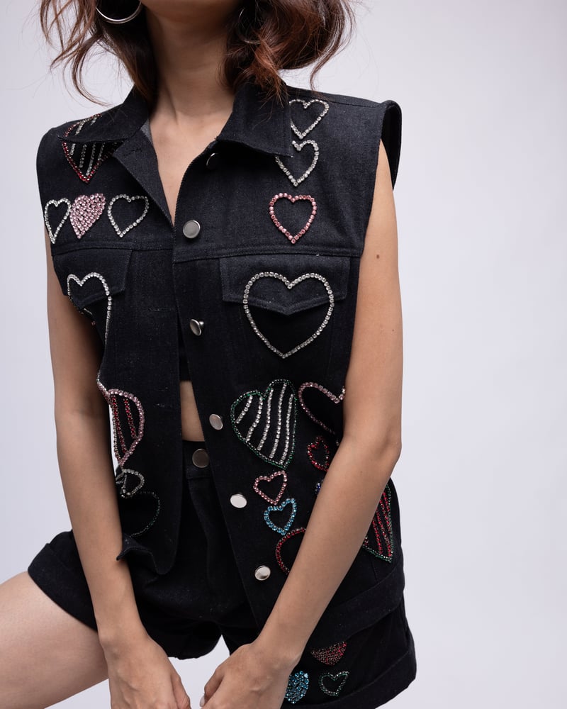 Black Oversized Sleeveless Denim Waistcoat with Embellished Hearts