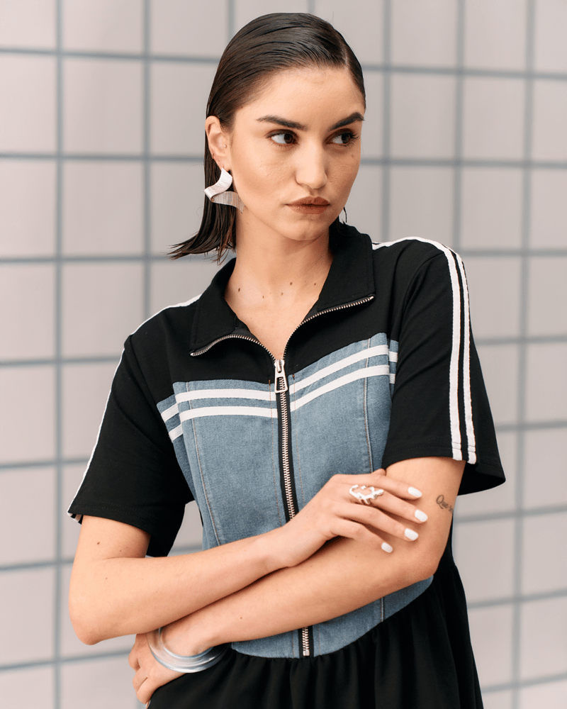 Black Colorblock Zip-Front Collared Midi Dress
