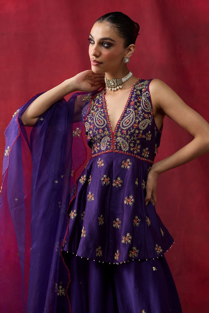 Purple Silk Chanderi Peplum and Sharara Co-ord Set