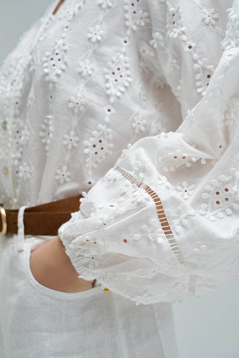 White Cutwork Embroidered V-Neck Blouse with Puff Sleeves