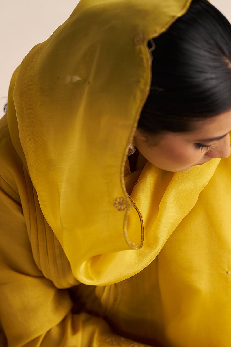 Bamboo Yellow A-Line Kurta Set with Zari Border