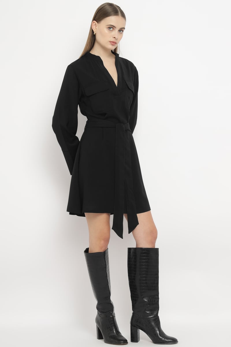 Black Belted Chemisier Mini Dress with Full Sleeves