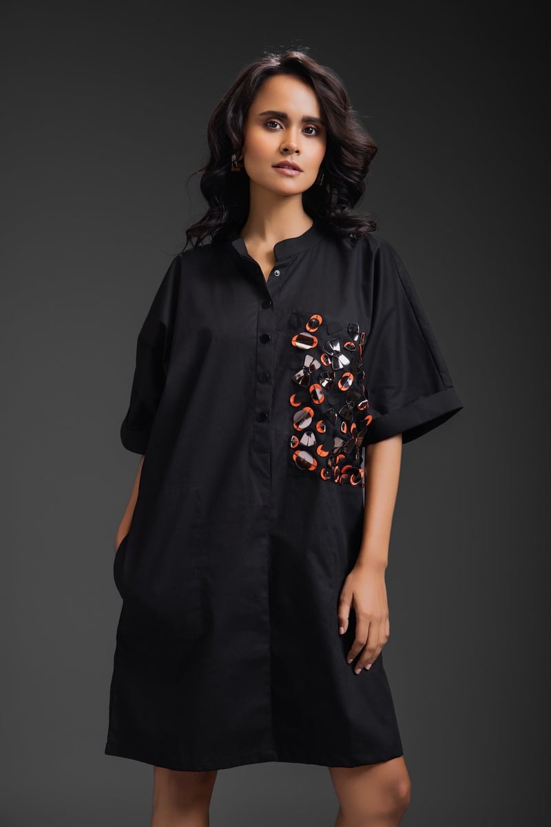Black Relaxed Fit Mini Dress with Embellished Pocket