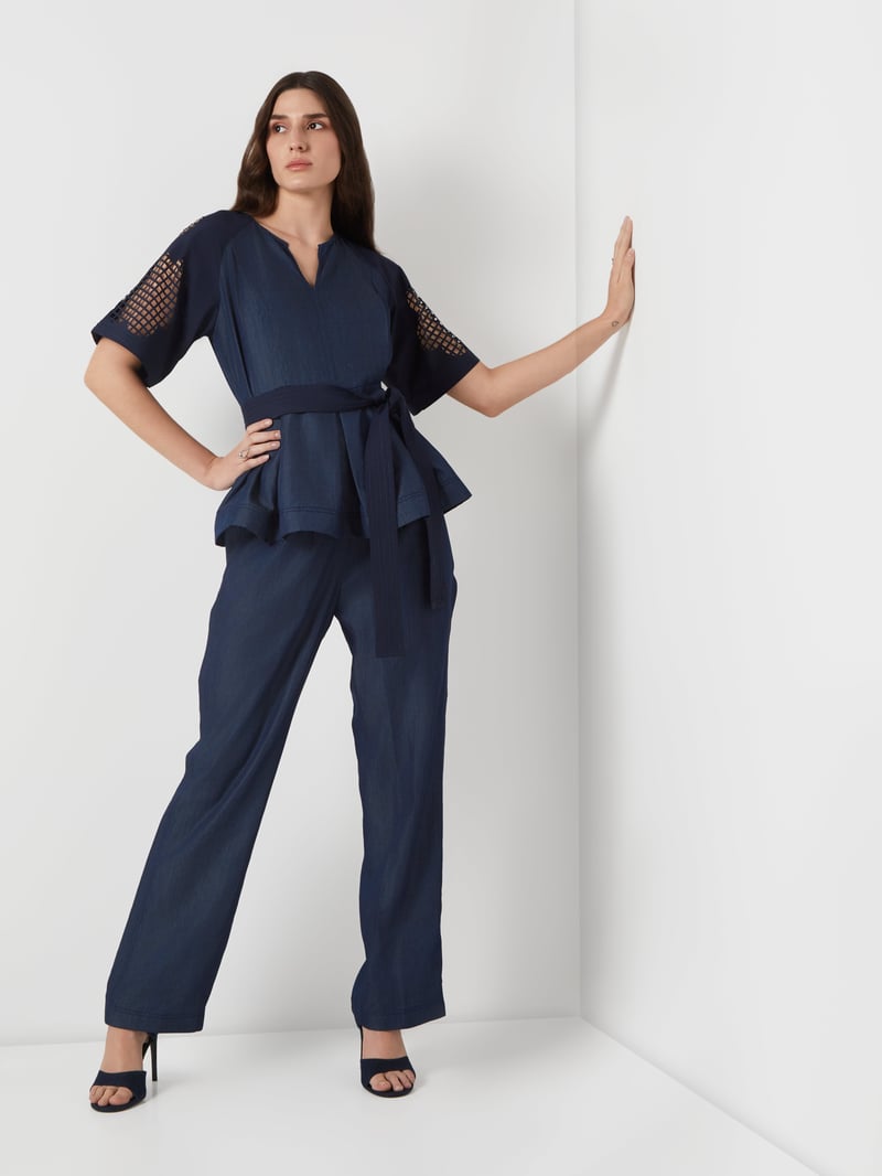 Navy Tencel Denim Peplum Top with Cutwork Sleeves