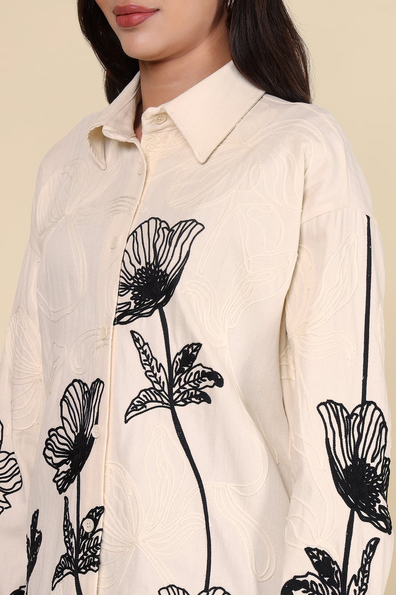 Natural Ivory Monochrome Floral Longline Cotton Shirt