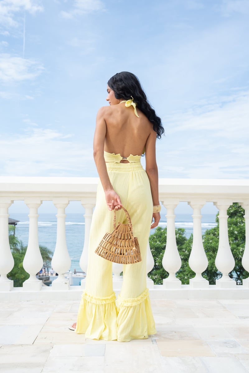 Yellow Halter Crop Top and Wide-Leg Pants Co-ord Set