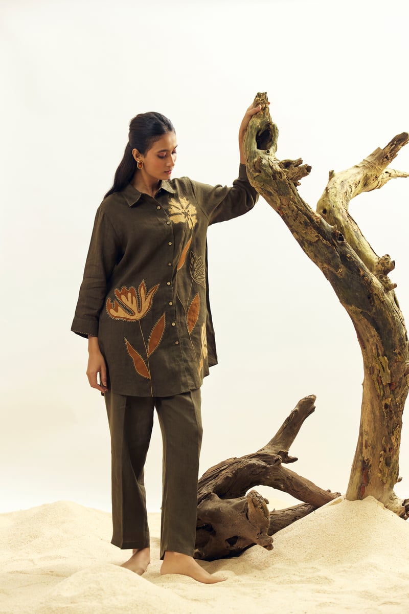 Olive Linen Longline Shirt with Botanical Applique — Linen Bloom