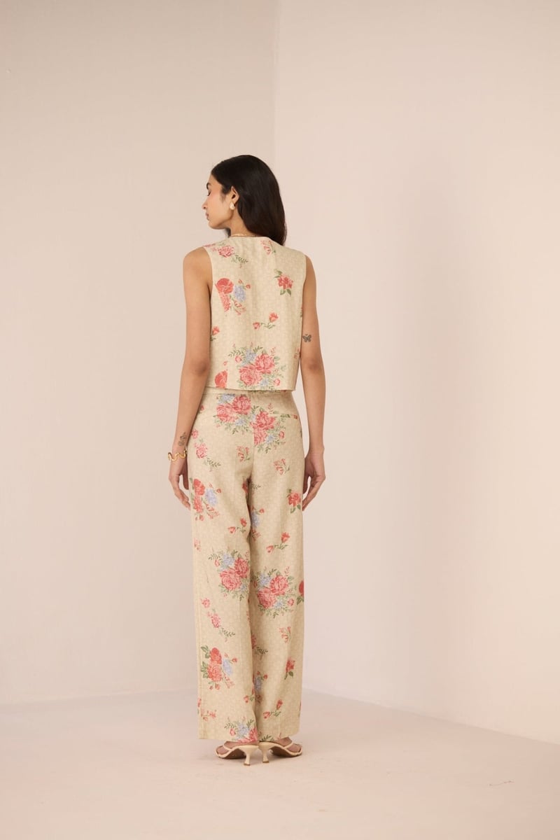 Garden Trellis Cotton-Linen Floral Wide-Leg Trousers