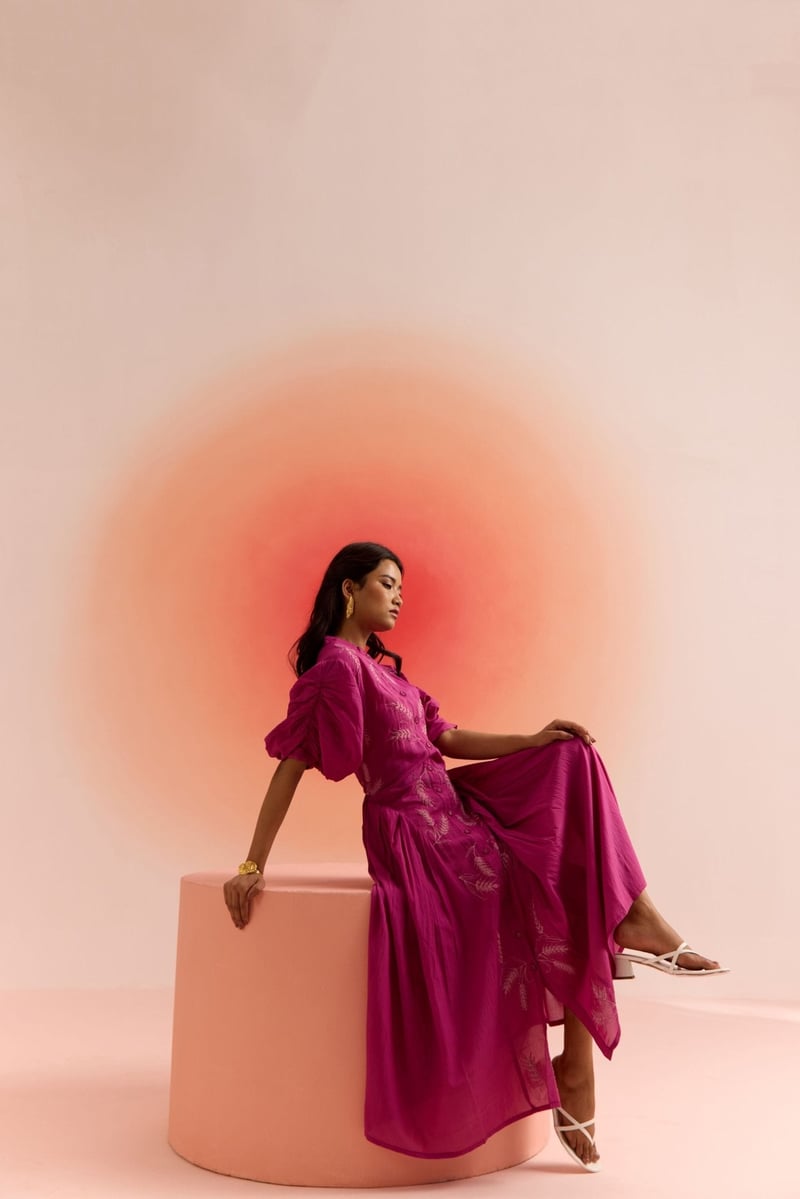 Magenta Pink Dori Embroidered Fit and Flare Maxi Dress