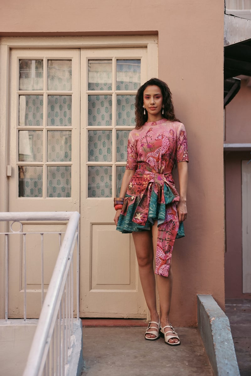 Pink Printed Modal Mini Dress with Front Tie Waist
