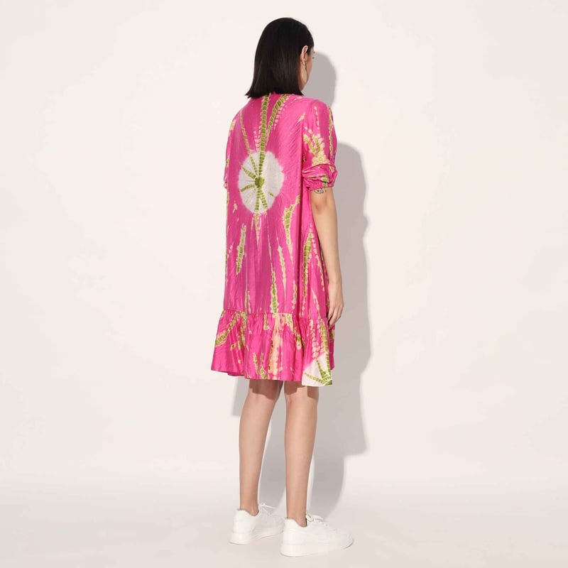 Pink Tie-Dye Tiered Knee-Length Dress