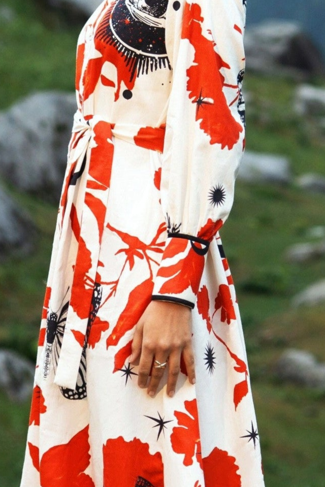 White/Red Printed Midi Shirt Dress with Detachable Belt