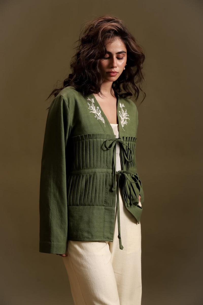 Olive Green Khadi Tie-Up Jacket with Pleated Front